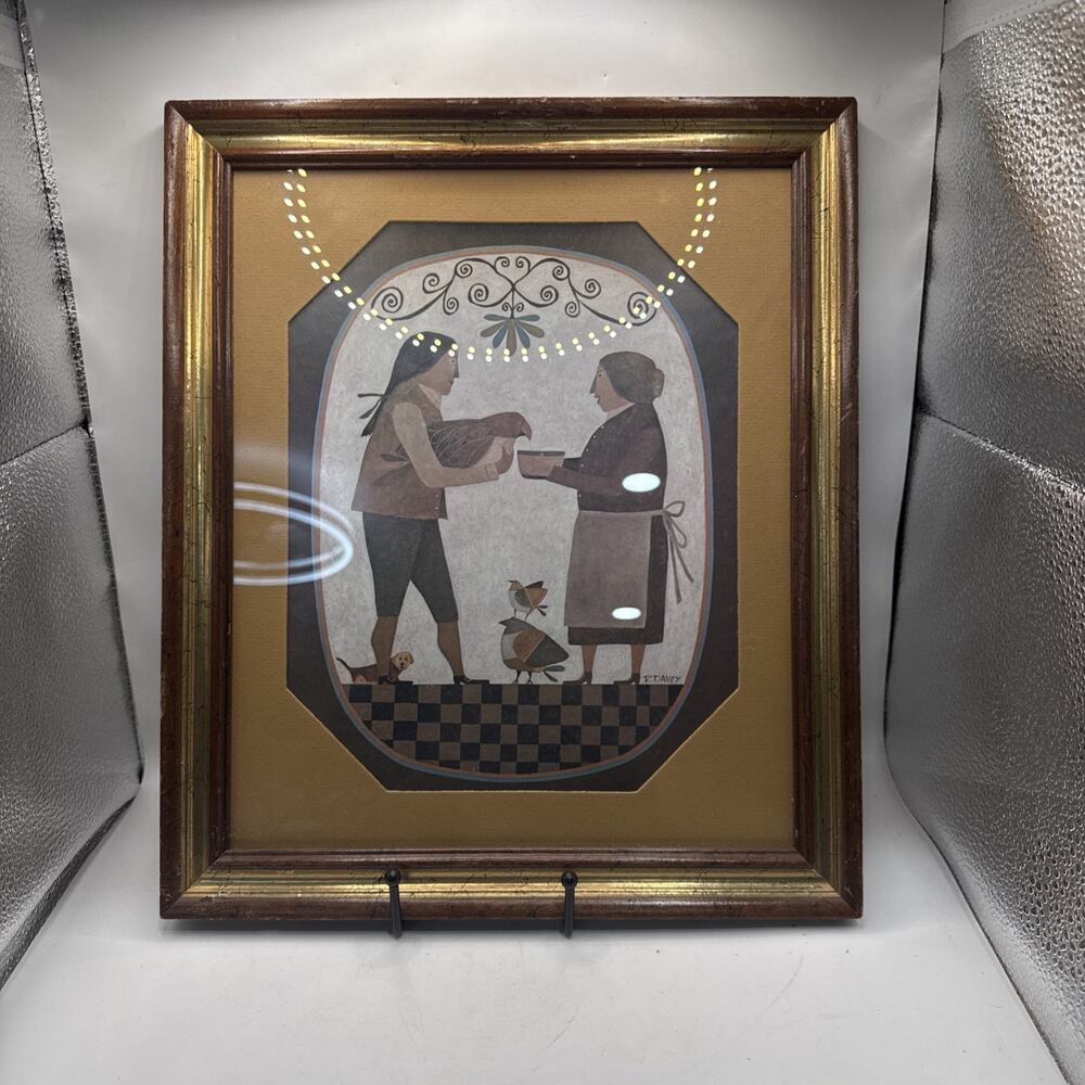 Framed R Davey “Friends” Folk Art Print Primitive Pilgrim Couple *